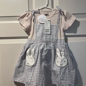 Gingham Pinafore Skirt with Miffy Bunny Pockets - Light Gray & Cream